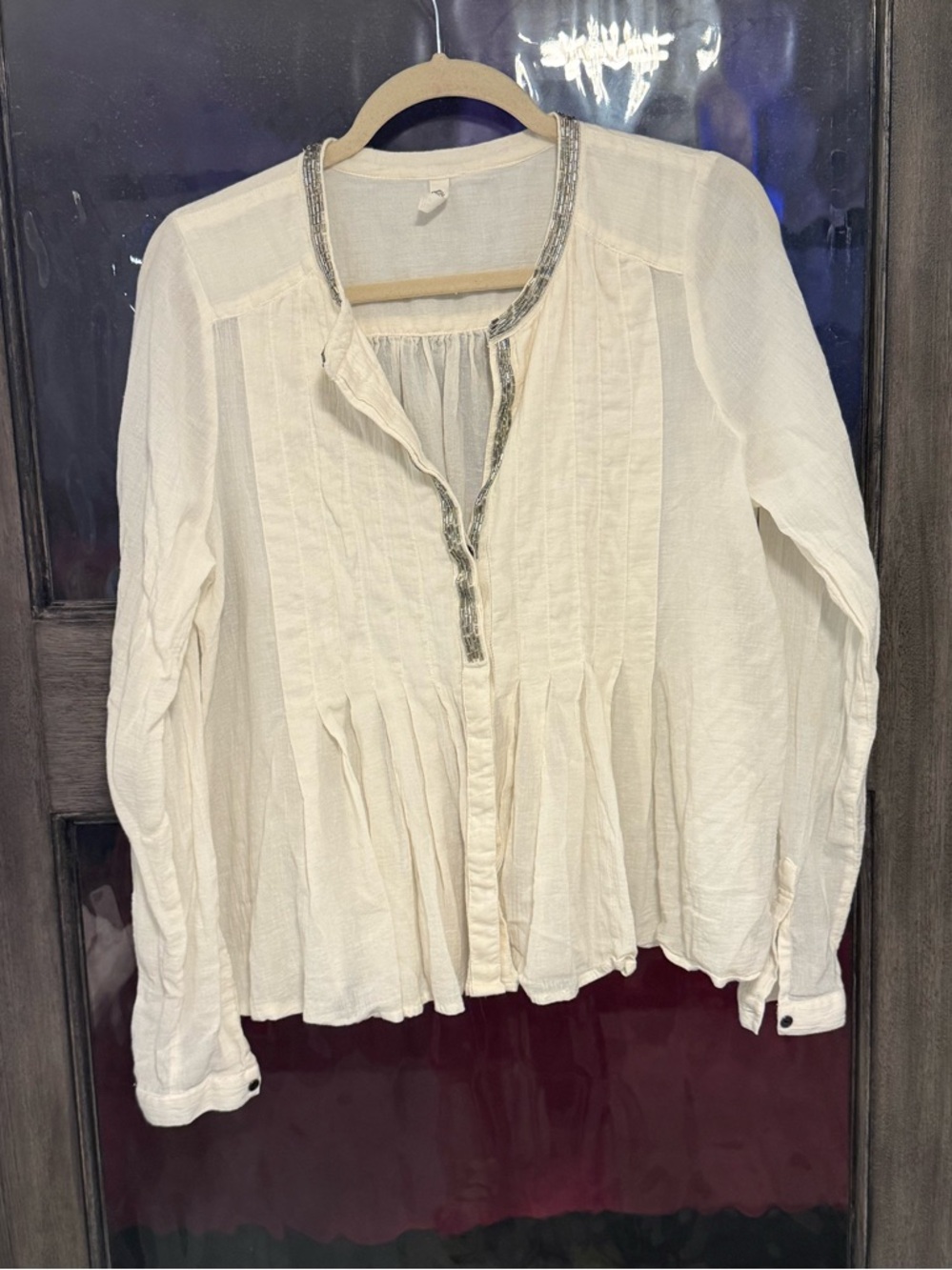 Free People Cream Peasant Blouse with Metallic Beaded Trim size S